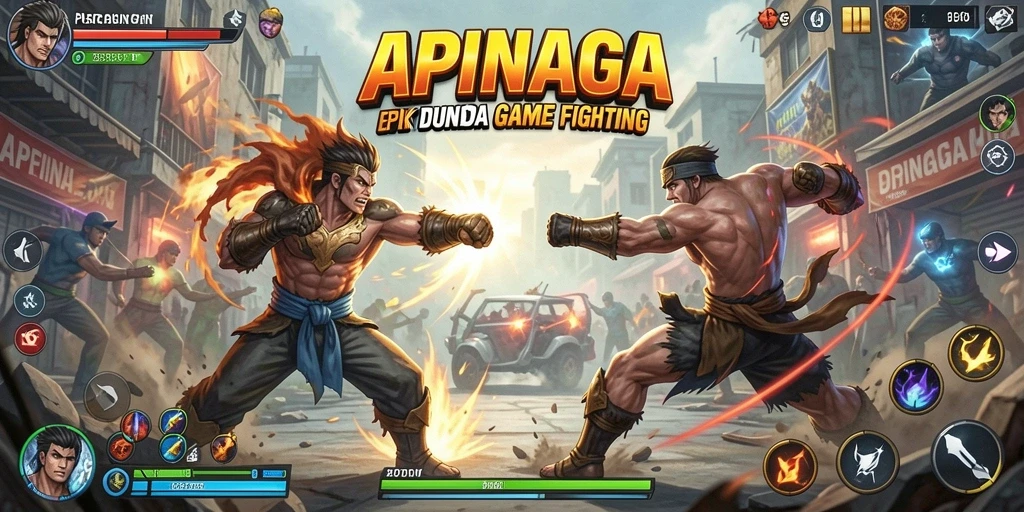 Gameplay pertarungan seru dalam APINAGA dengan karakter unik.