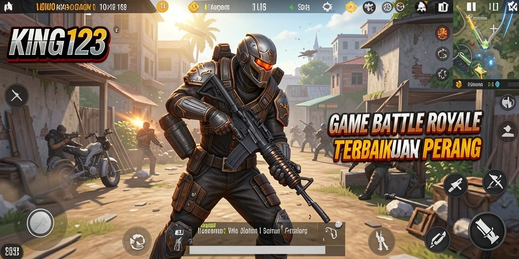 Screenshot KING123 menampilkan pertempuran intens dalam game Battle Royale.