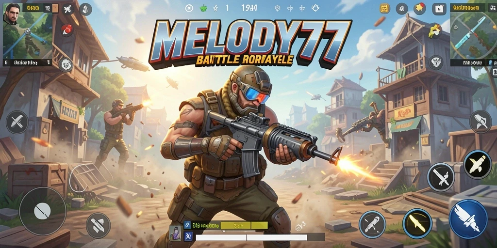 Screenshot gameplay MELODY77 yang mendebarkan dalam pertarungan Battle Royale.
