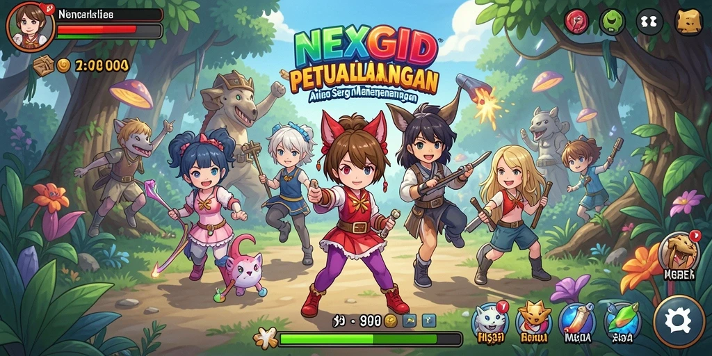 Tampilan gameplay NEXGID yang penuh warna dan dinamis.